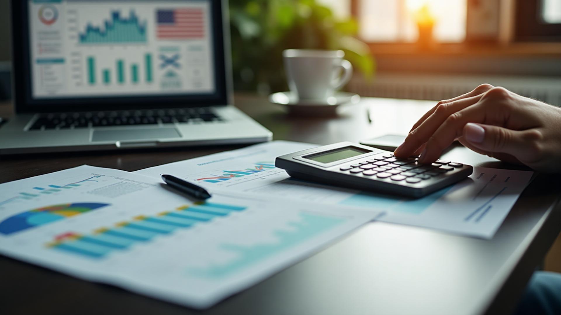 Small business tax preparation with financial documents and calculator